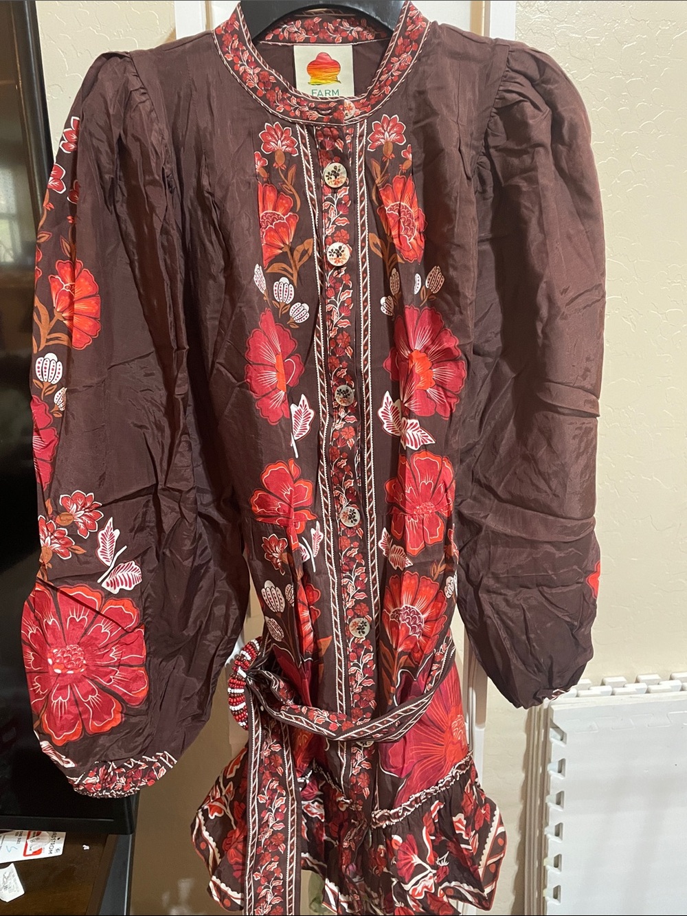 FARM Rio Brown Dress with Red and Pink Floral Embroidery